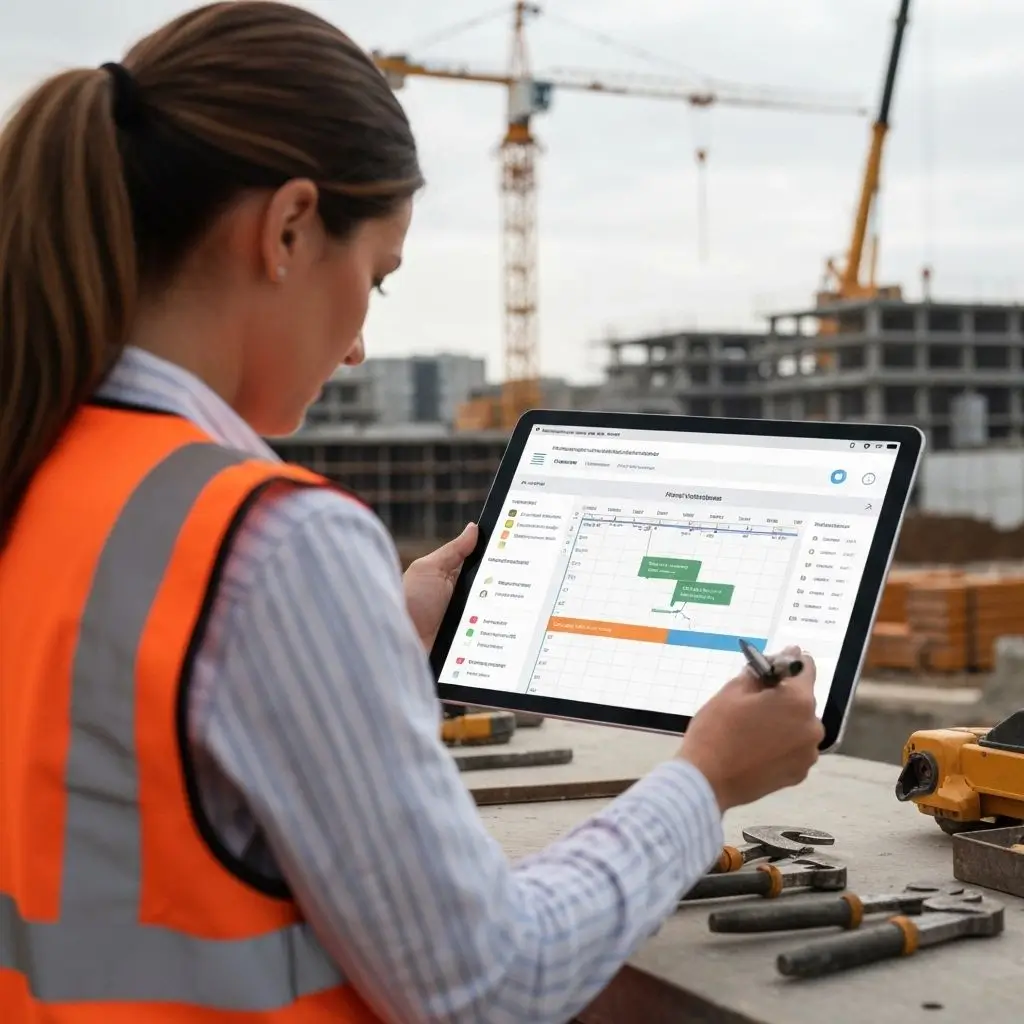 Construction scheduler managing work orders on tablet at construction site