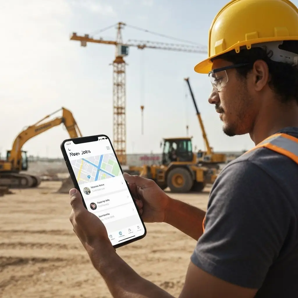 Construction worker using mobile app to find available jobs